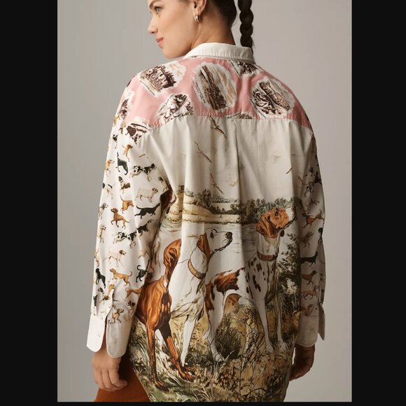 Anthropologie Maeve The Bennet Buttondown Shirt Pink Dog Pattern Graphic S SP - Picture 6 of 7